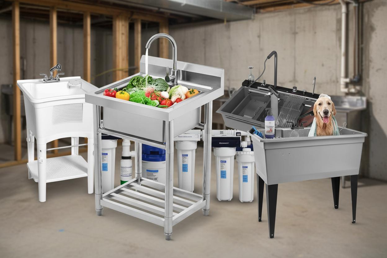 Best Basement Utility Sink with Filtration - Versatile Freestanding Design, Pull-Out Faucet, and Convenient Towel Bar