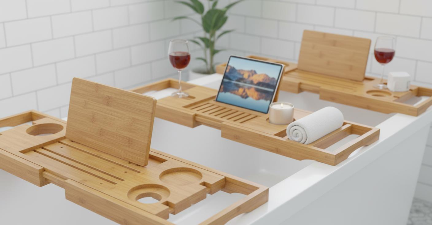 Best Bamboo Bath Caddy Tray with Book Holder - Secure Fit, Waterproof Design, and Wine Glass Holder for Relaxing Soaks