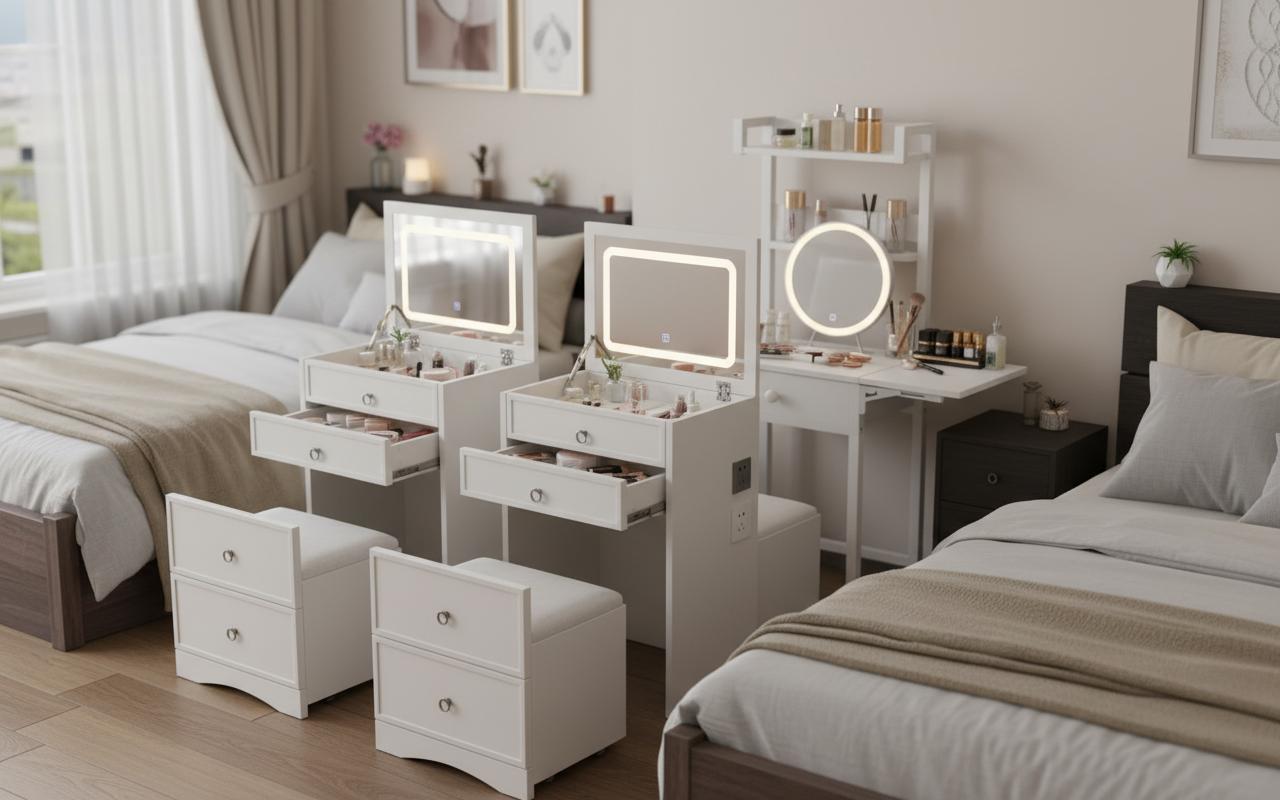 Best Compact Folding Vanity Desks - Space-Saving Design, Built-In Power Outlet, Hidden Chair Integration