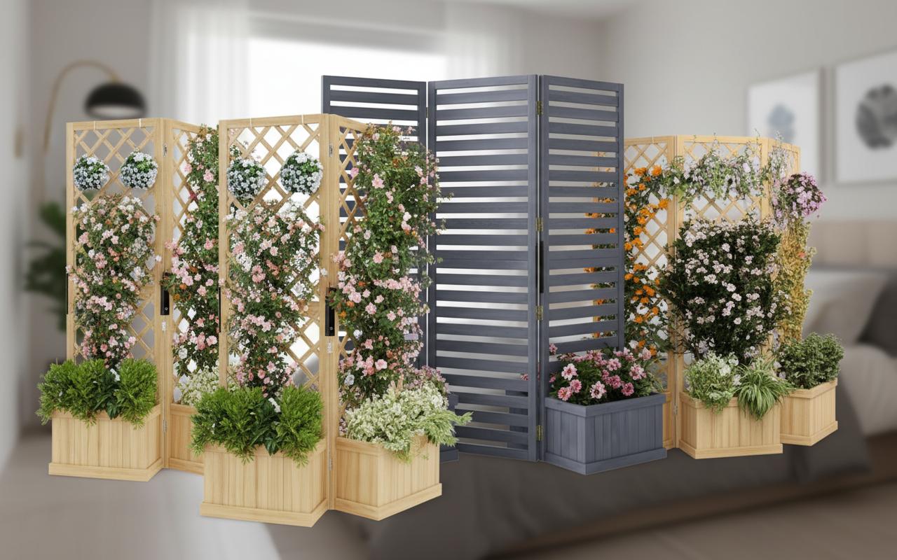 Best Foldable Privacy Screen with Built-in Planter - Natural Cedar, Space-Saving Design, Integrated Planter Box
