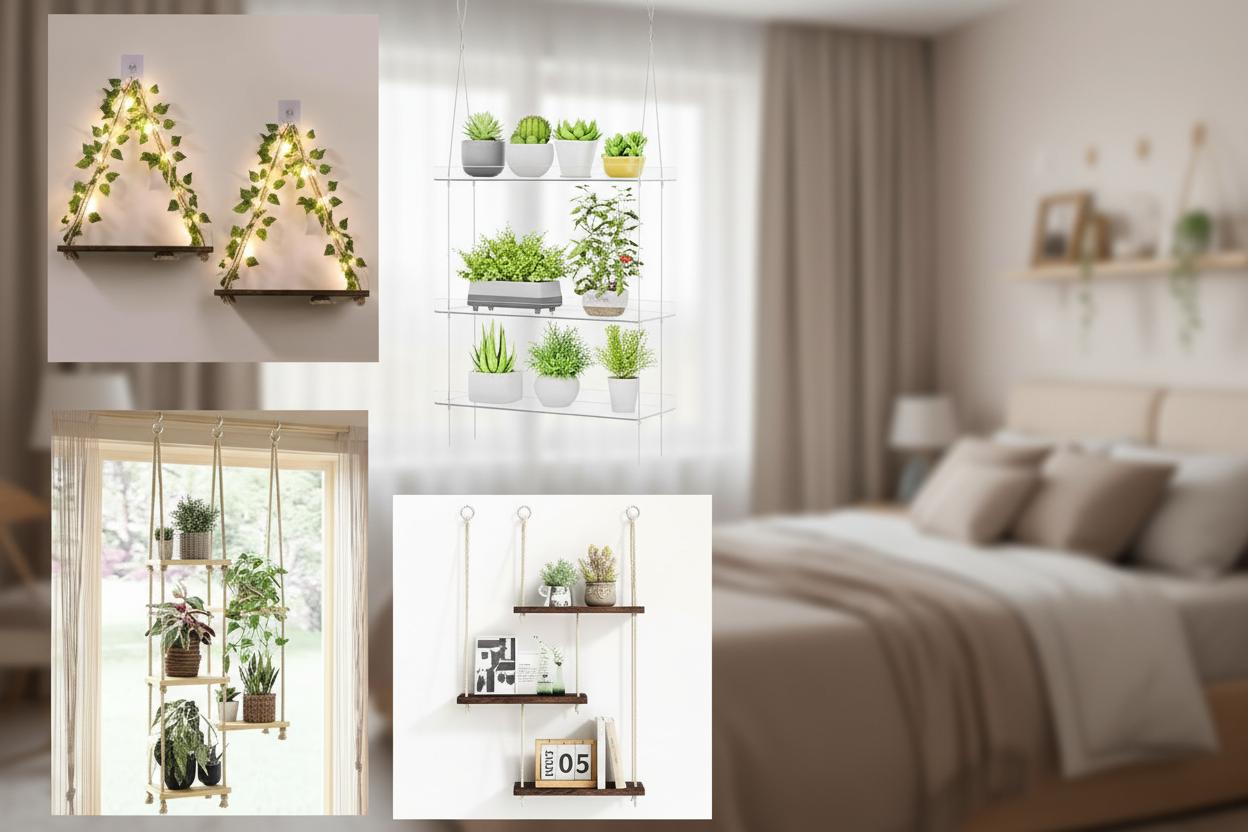Best Hanging Plant Shelf for Headboard - Elegant Design, No-Drill Installation, Built-In Lighting