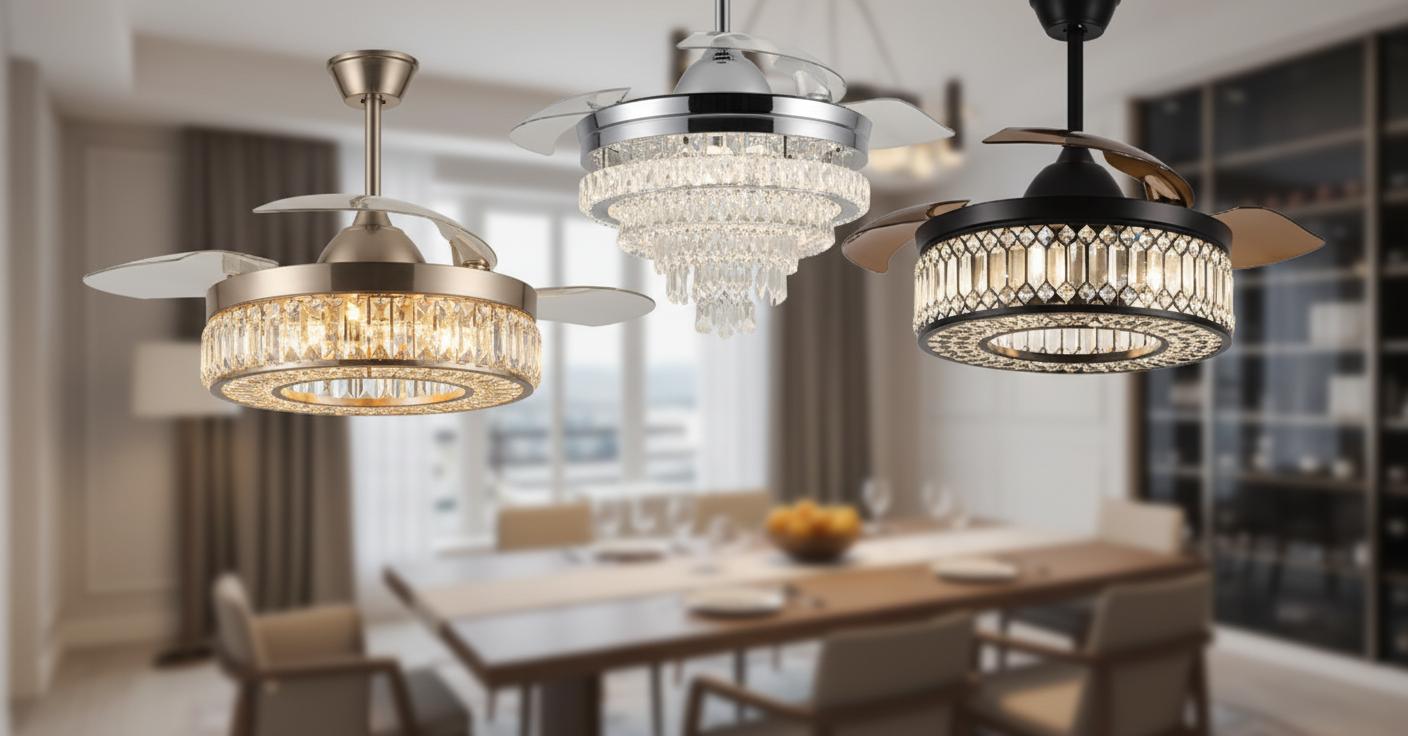 Best Dual-Purpose Dining Chandelier with Retractable Fans - Modern Smart Lighting, Elegant Crystal Design, Energy Efficient