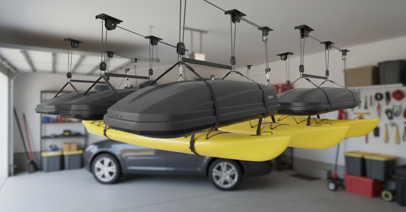 Best Ceiling Storage Hoist System - Maximizing Garage Space, Safely Storing Heavy Rooftop Cargo Boxes, Easy Overhead Access