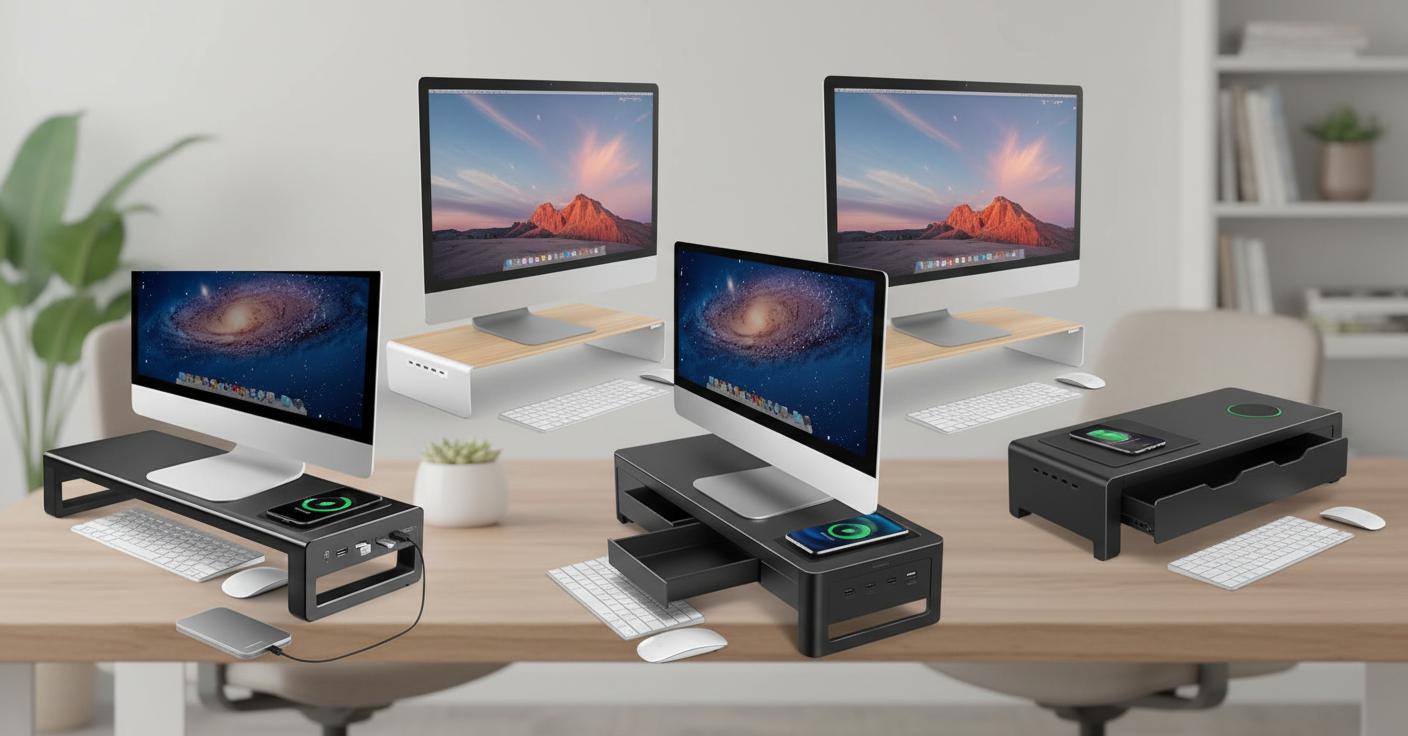 Best Monitor Riser with Wireless Charging - Adjustable Dual Monitor Setup, Smartphone Charging, and Desk Organization