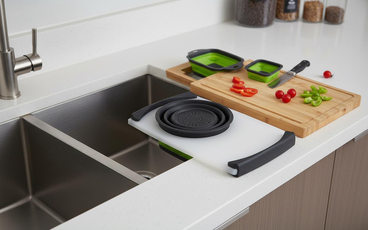 Best Over-the-Sink Cutting Board with Strainer - Efficient Meal Prep, Integrated Strainer, Collapsible Storage