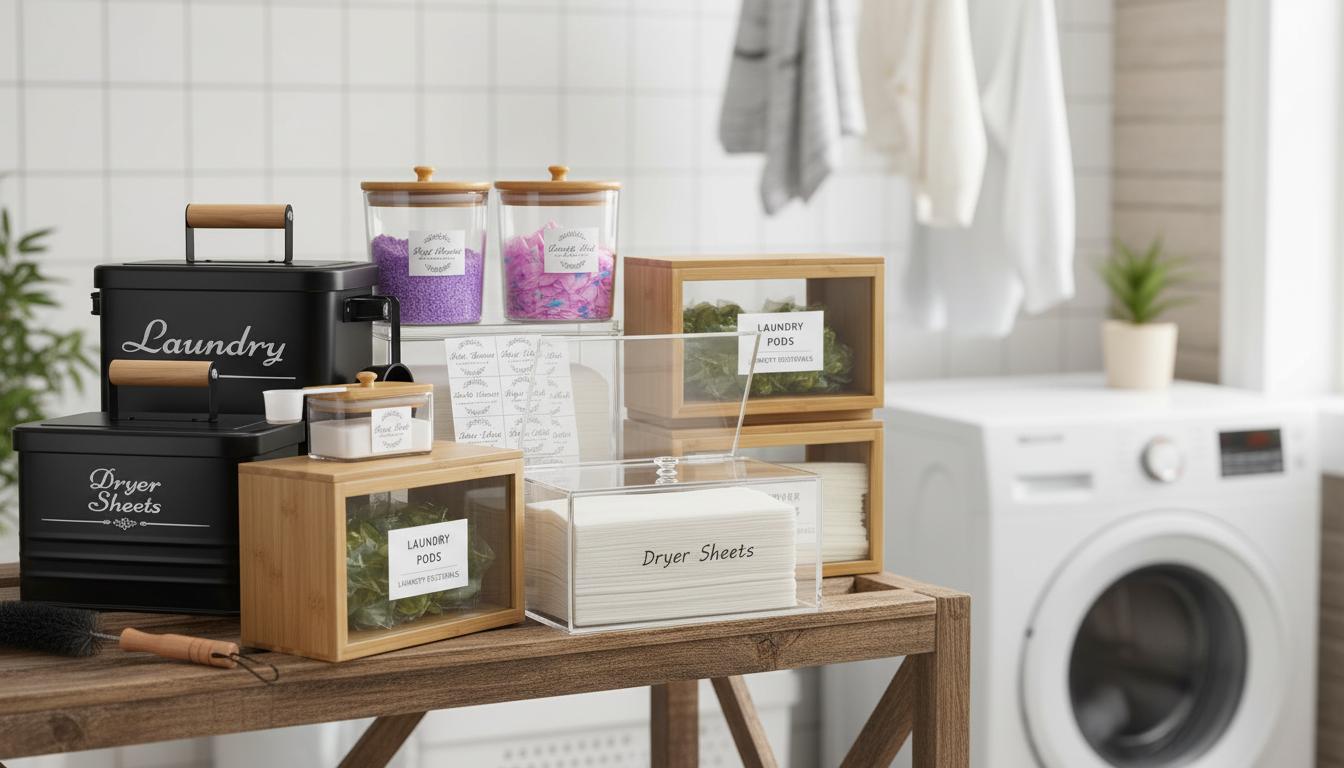 Best Scented Dryer Sheet Organizer - Stylish Clear Containers, Eco-Friendly Bamboo Lids, Perfect Laundry Storage